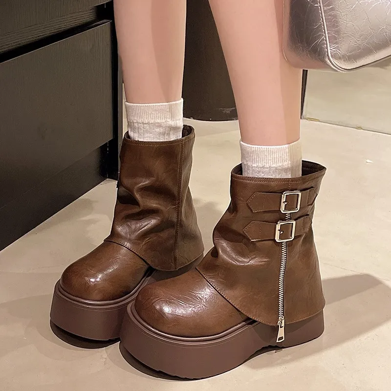 

Soft Leather Ankle Mid Calf Boots Winter Autumn High Platform Wedge British Booties Woman New Ladies Chunky Motorcycle Boots 9CM