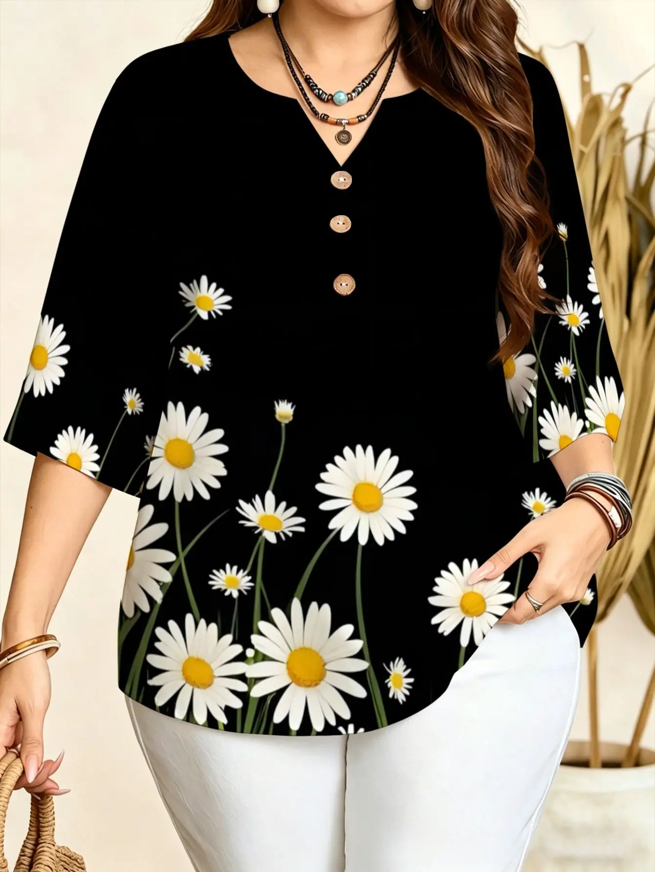 All Over Floral Daisy Cherry Blossom Print Women Blouse 3/4 Sleeve Notch V Neck Decor Buttons Summer Daily Casual Tops