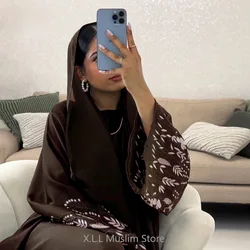 Jilbabs-Abaya fechada com cinto para mulheres, bordado de folhas, Abayas elegantes, Kaftans simples, Dubai Robe, Caftan feminino, Marocaína, Eid, Ramadan