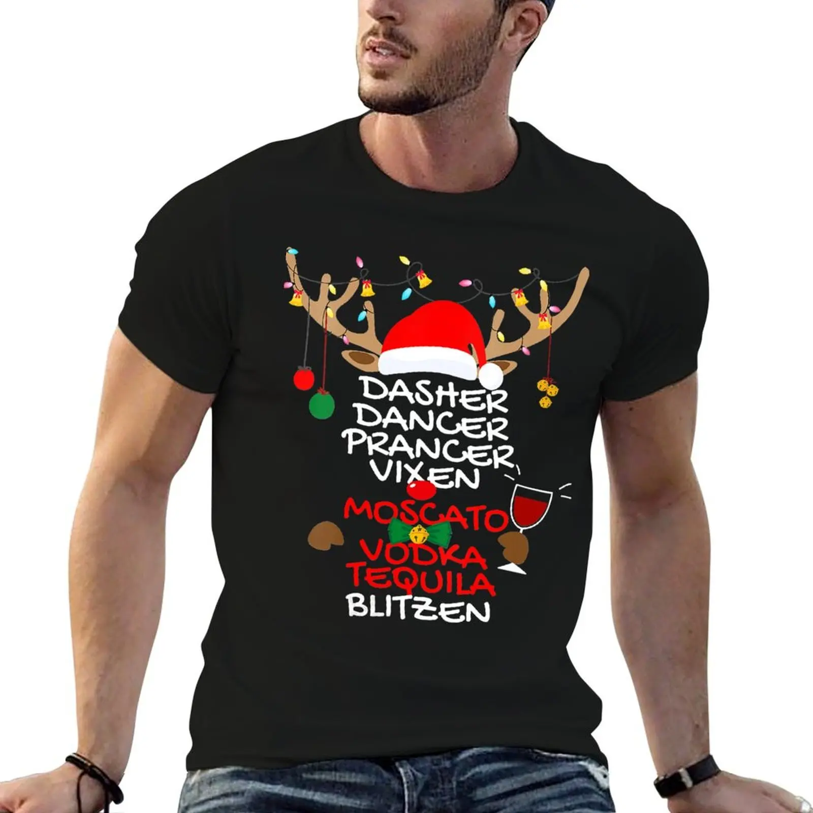 T-Shirt Dasher Dancer Prancer Vixen Moscato Vodka Tequila Blitzen, t-shirts graphiques pour hommes, t-shirts amusants pour hommes