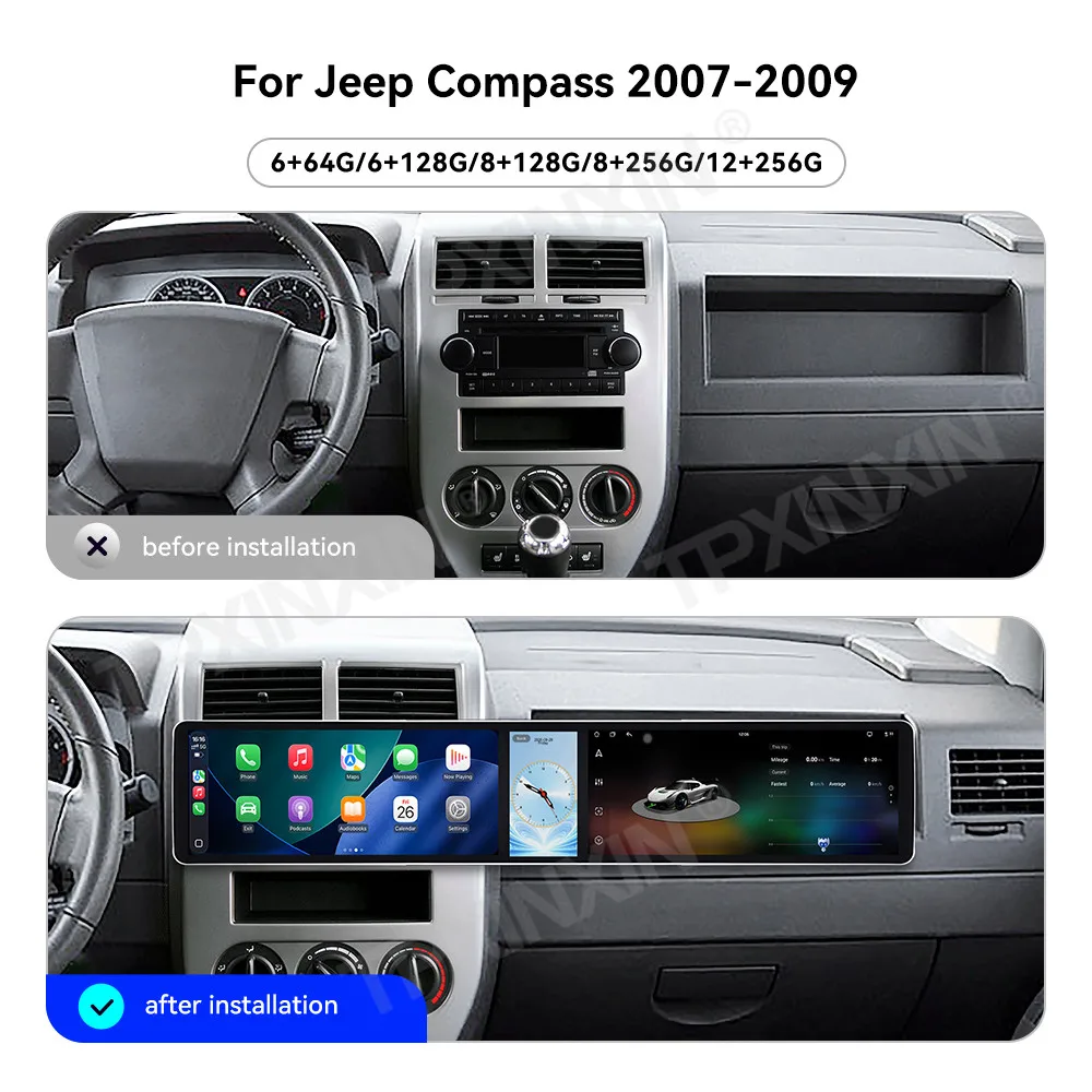 12.3+12.3 Inch Screen Car Radio For Jeep Compass 2007-2009 Android GPS Navigation Multimedia Stereo Receiver Head Unit