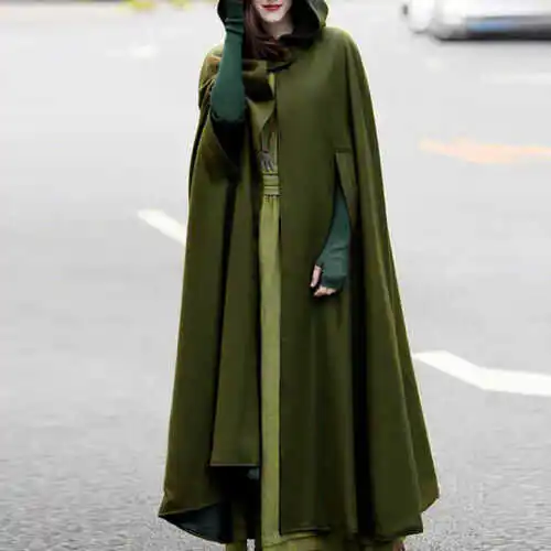 

Retro Color Hooded Loose Cloak Medieval Stage Performance ex Long Outerwear Polyester Fiber Single Button Closure