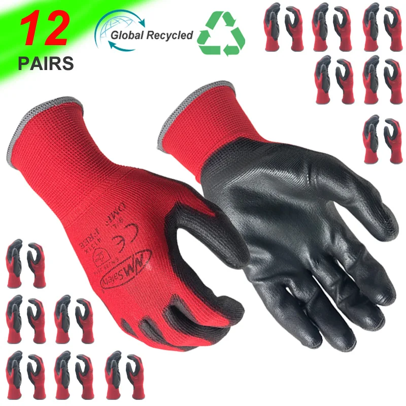 

24 Pieces/12 Pairs Garden Man Safety Gloves With Knitted Red Nylon Dipped PU Nitrile Coated Palm Security Protective Work Gloves