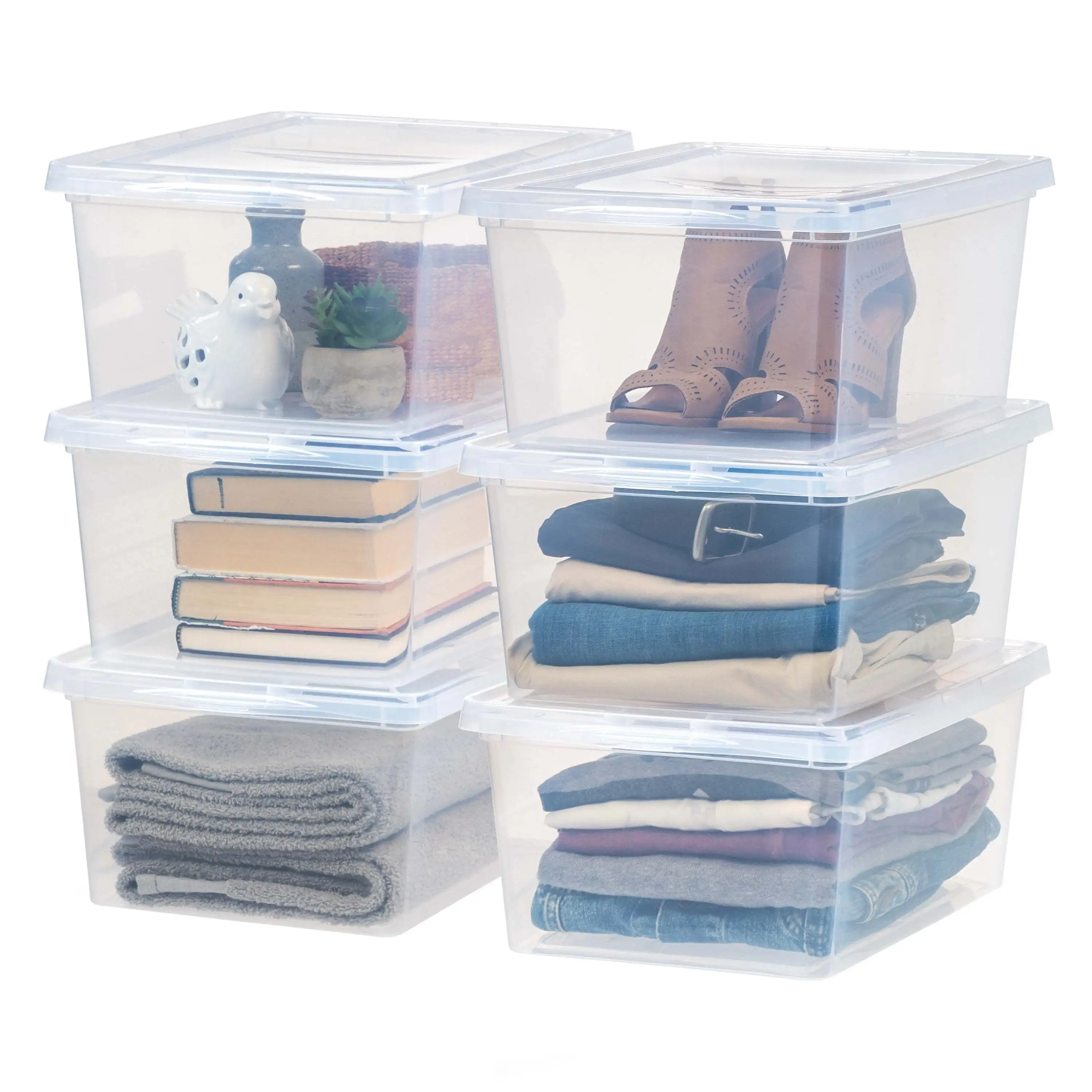 

17 Qt Plastic Storage Bins with Lids, Stackable Totes, Containers, Clear, 6Pk easy to carry with built-in side handles