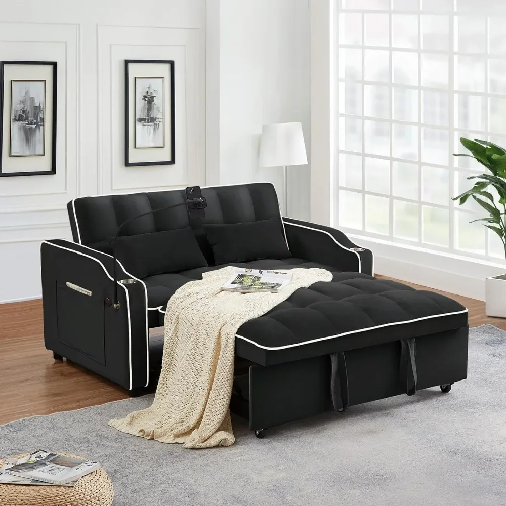 Convertible Futon Sofa Bed with Adjustable Backrest and 2 USB Charging Ports, Convertible Velvet Sleeper, Sofa with 2 Seats