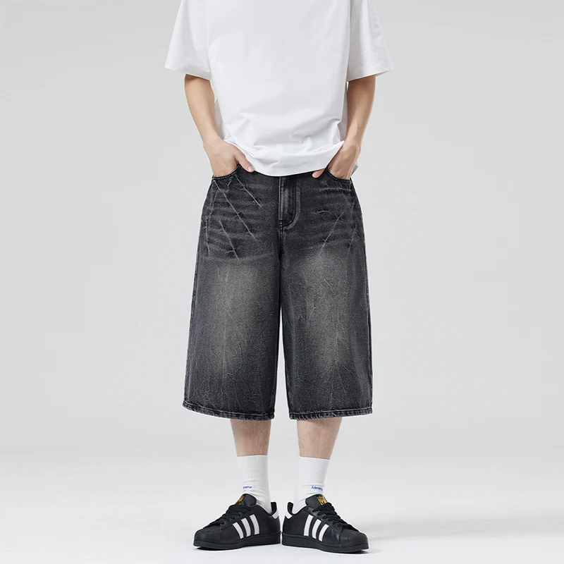 

2025 Summer American Lightning Crack Black Grey Jeans Men's Straight Tube Loose Wide Leg Shorts Y2k Street Hip Hop Sevens