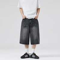 Pantalones vaqueros americanos de verano 2025, pantalones cortos de pierna ancha holgados de tubo recto para hombre, color negro y gris, Y2k Street Hip Hop Sevens