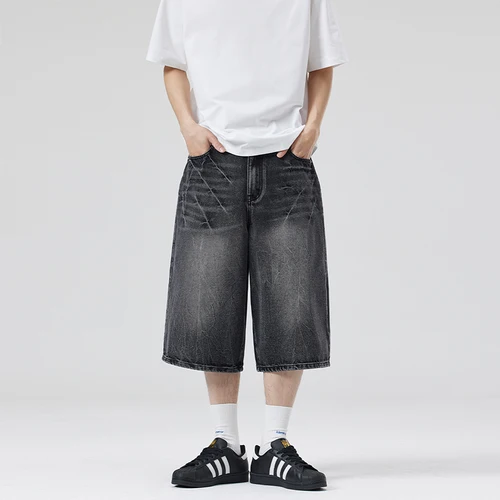 Pantalones vaqueros americanos de verano 2025, pantalones cortos de pierna ancha holgados de tubo recto para hombre, color negro y gris, Y2k Street Hip Hop Sevens