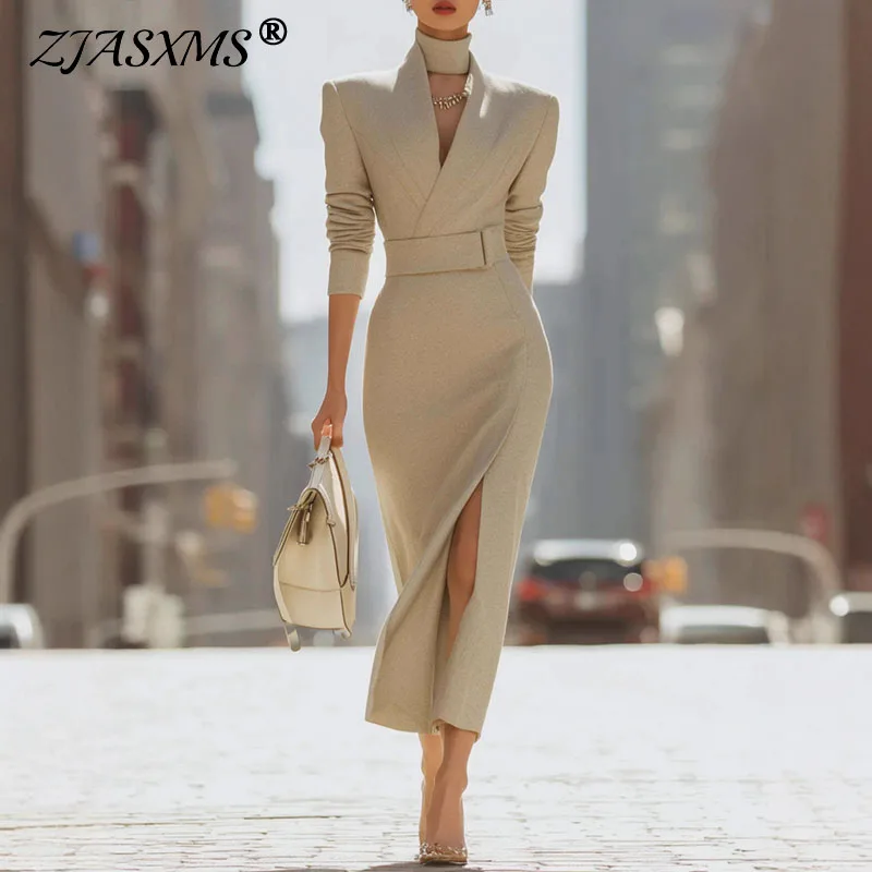 Elegant Solid Slim Belt V Neck Hip Dress Woman Autumn Winter Long Sleeve Split Office Dresses Sexy Boho High Waist Evening Dress