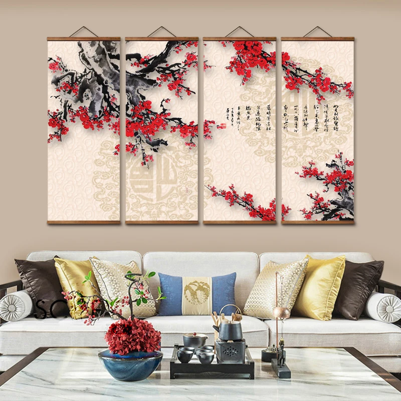 MT0929 Chinese Style red plum bossom Canvas Living Room Wall Art Posters Chinese Solid Wood Scroll Paintings