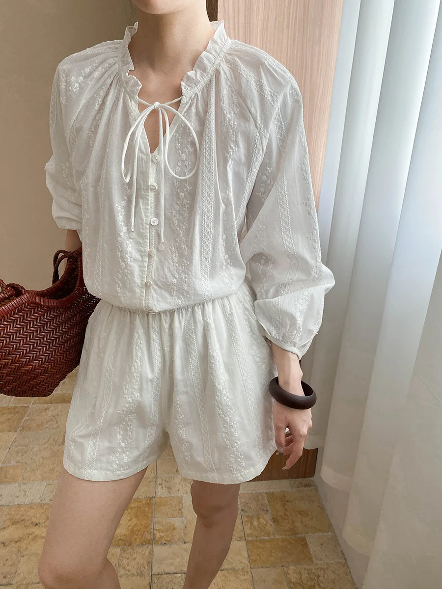 

2025 Holiday Style Bohemian Women's Set Textured Embroidered Jacquard Shirt Top + Elastic Waist Shorts 2-Piece Set