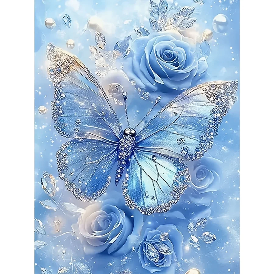 Kit de peinture diamant 5D à faire soi-même, Rose bleue et papillon, perceuse ronde complète, œuvre de mosaïque sans cadre pour la maison créative faite à la main et O