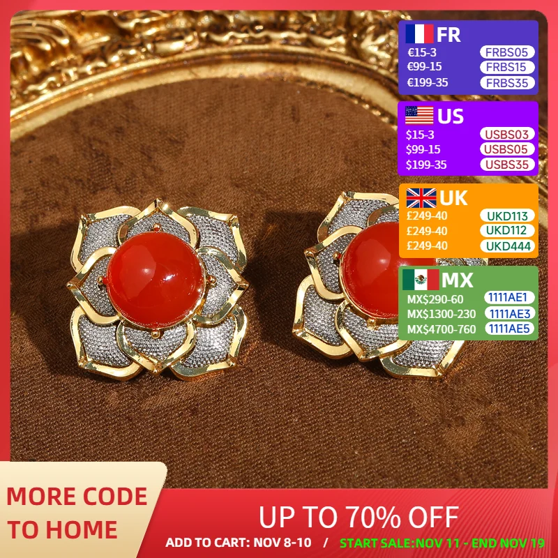 

Vintage Large Flower Earring Statemen Red Agate Sunflower Gold Color Jewelry Luxury Designer For Woman Wedding Accessories 3.6cm