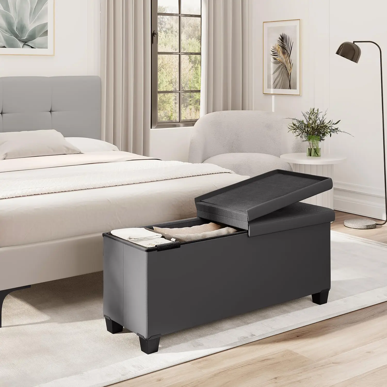 

Storage Ottoman Bench, 43-In Storage Bench for Bedroom End of Bed, Ottoman Foot Rest with Storage Bins, Gray Ottoman