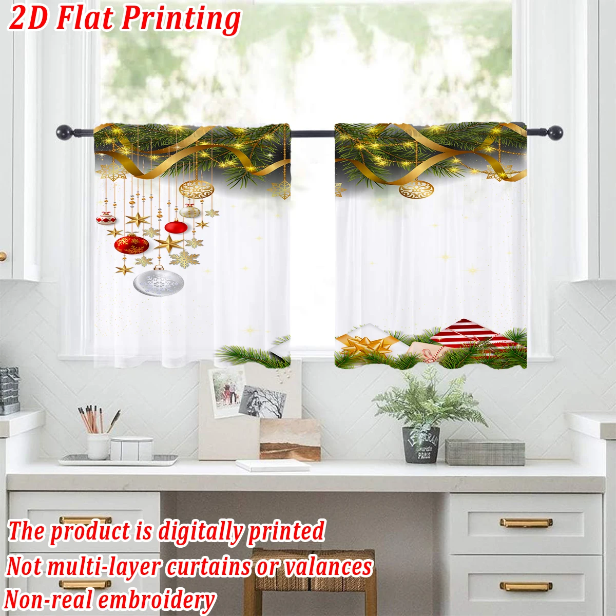 ستارة شفافة للمطبخ بطباعة مسطحة لعيد الميلاد مع زخرفة فرع كرة عيد الميلاد من الصنوبر لحفلات ديكور المنزل في عيد الميلاد