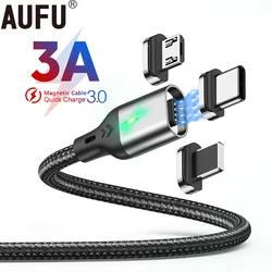 AUFU-Cabo de Carga Magnética, Carregamento Rápido 3A, Tipo C, Micro USB, Fio de Dados, Celular, iPhone, Xiaomi