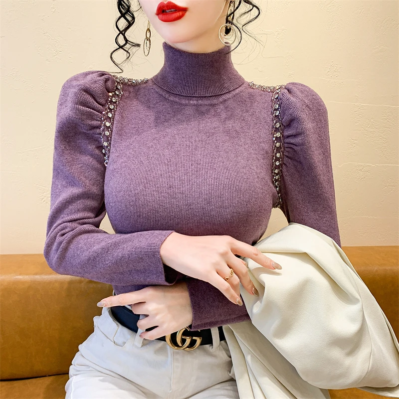 

2025, новинка, европейский, одежда, вязаный, водолазка, свитер, женский, шикарный, сексуальный, драпированный, блестящий, бисер, бриллианты, длинный рукав, тонкий, топы, 51028