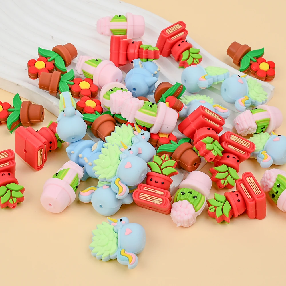 5Pcs 3D Flowerpot Silicone Beads Baby Teether Beads BPA Free For DIY Pacifier Chain jewelry Accessory Handicraft Materials