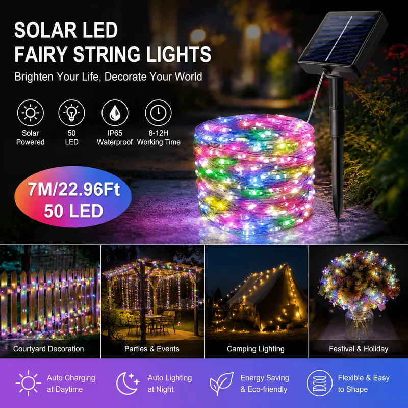 Solar Fairy Lights 50 LED 8 Modes Outdoor String Garland for Yard Garden Tree Christmas Wedding Party Decoration