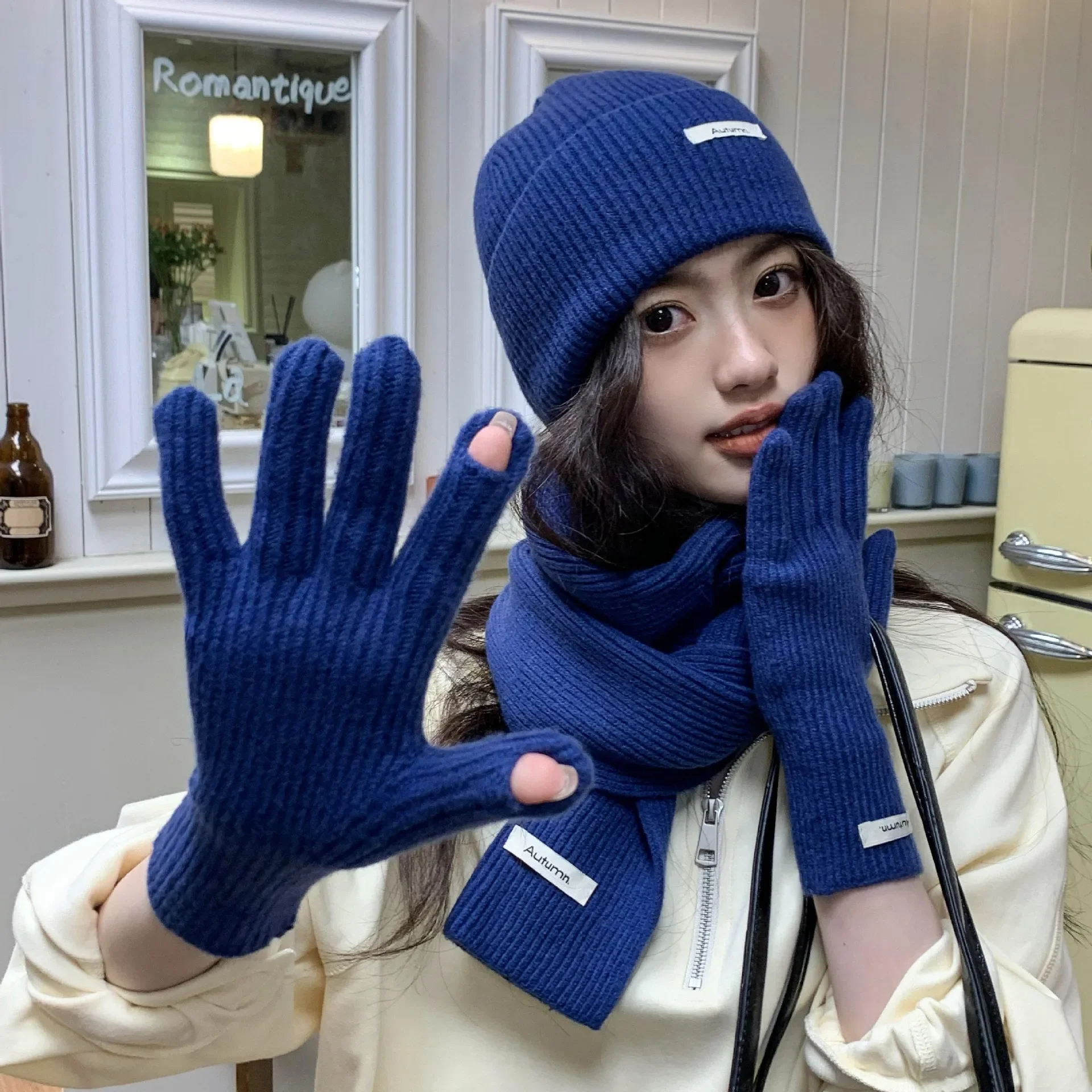 Frauen Handschuh Sets Koreanische Herbst Winter Warme Gestrickte Drei-stück Set Schals Handschuhe Hut Einfarbig Touchscreen Handschuhe frauen