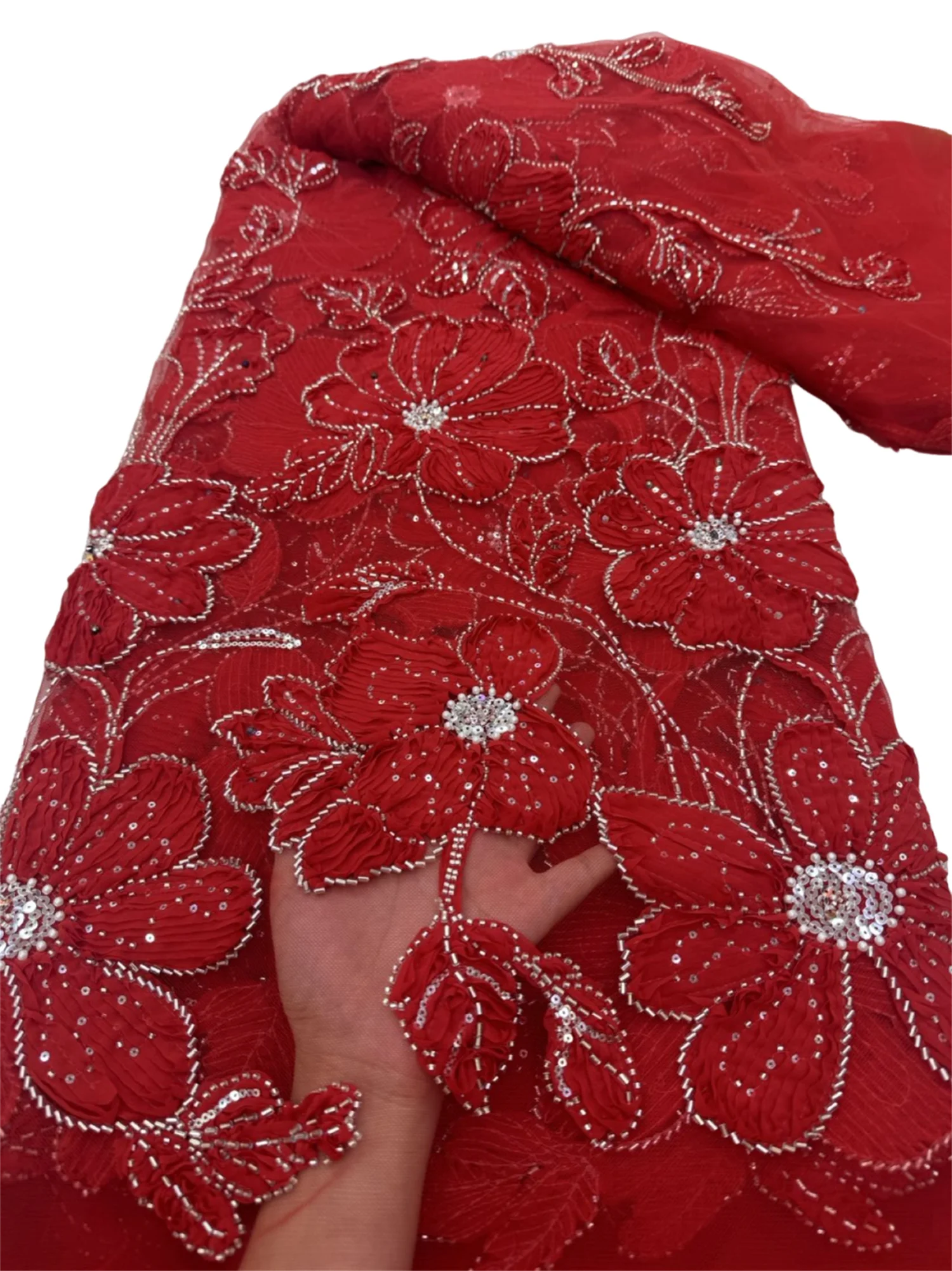 

New Cord Embroidery Design Fashion Africa Nigerian Artistic Pattern Handmade Sequins Red French Beads Tulle Lace For Party Dress