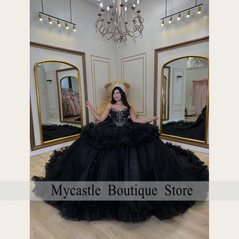 Customized Luxury Black Quinceanera Dresses Off Shoulder Beaded Applique Illusion Corset Ball Gown Pageant Party Dress