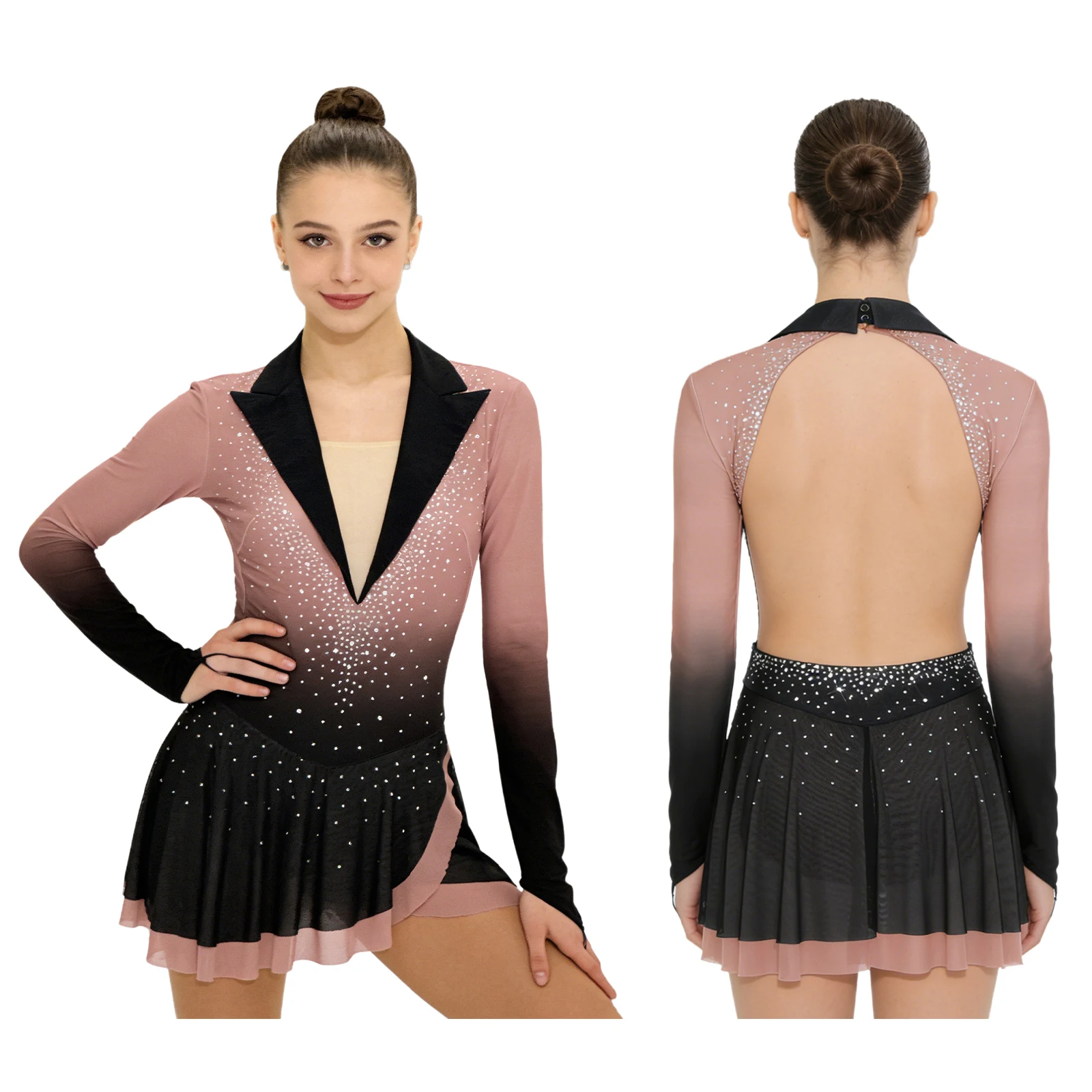 

Women Figure Skating Lyrical Dance Dress Performance Costume Modern Ballet Dancewear Long Sleeve Backless Leotards Mesh Skirted