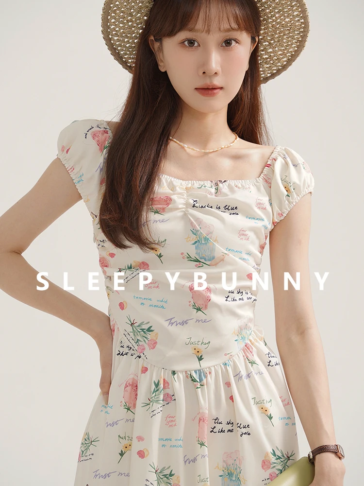 

Vintage Floral Long Dress Women Summer Puff Sleeve Slim Fit Sundress Elegant Shirred Square Neck Printed Dress Daily or Vacation