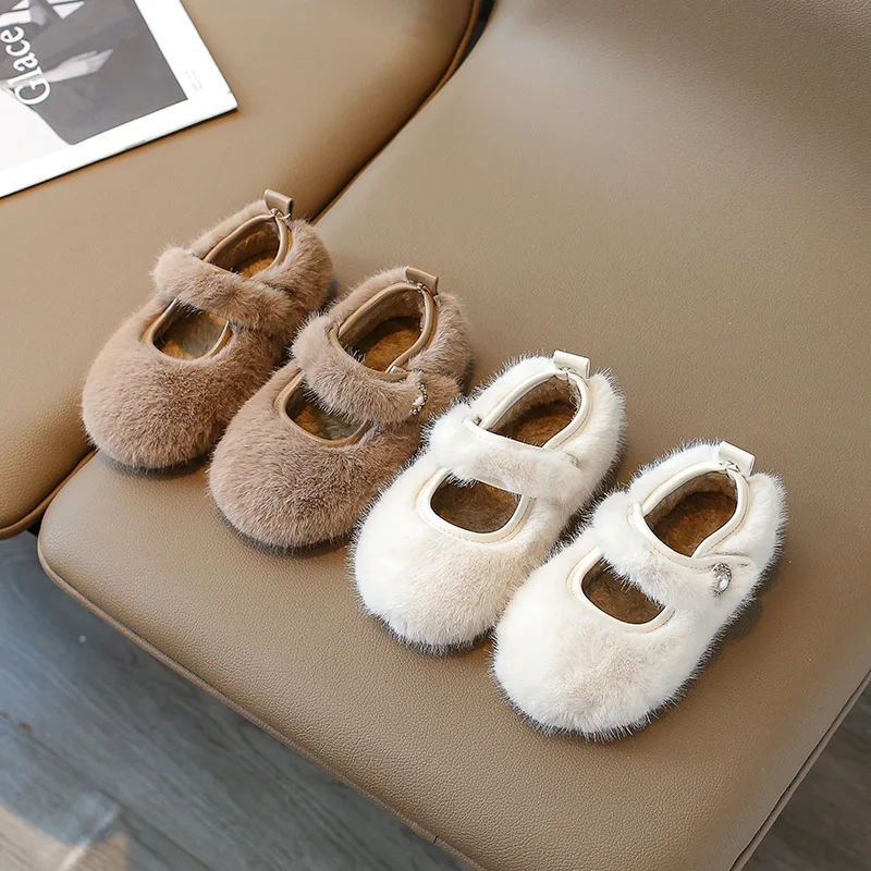 Children Flat Shoes Autumn Winter Plush Warm Princess Girls Shoes Outdoors Non-slip Kids Cotton Shoes Fashion Shallow Mary Janes