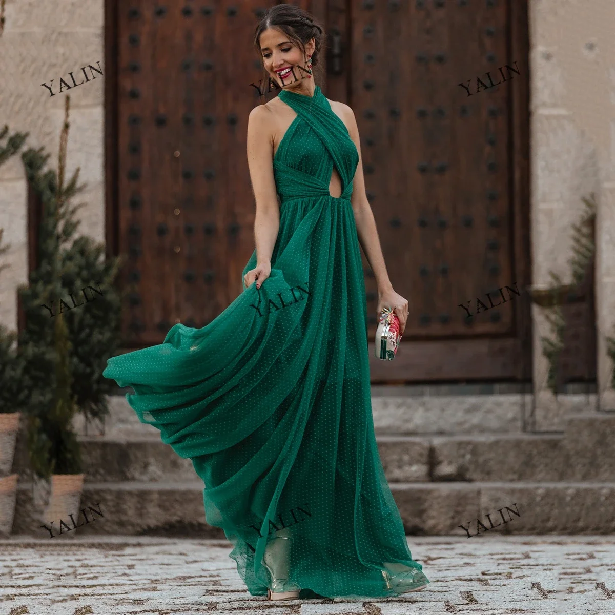 YALIN Emerald Spotted Tulle Homecoming Dresses Floor Length A-Line Backless Reunion Classmates Dress vestido de gala elegante