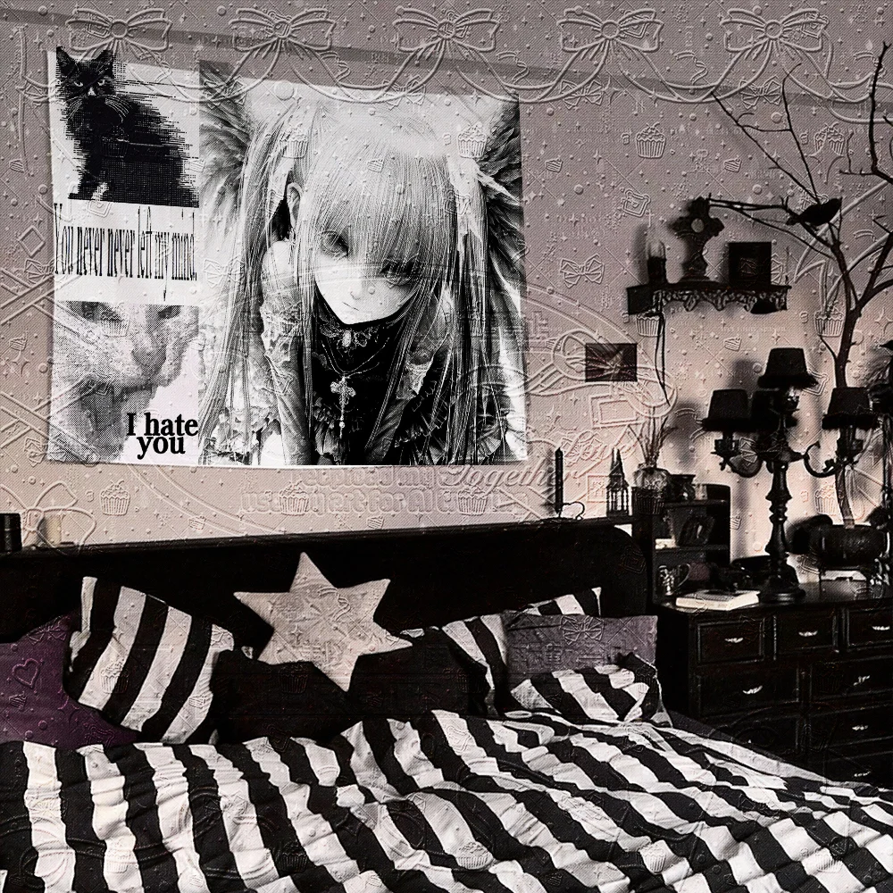 Dunkle ästhetische Anime-Wandteppiche 『Ich hasse dich』 Gothic Lolita Engel & Schwarze Katze Collage Wandbehang, Grunge Glitch Art, Monochrome W