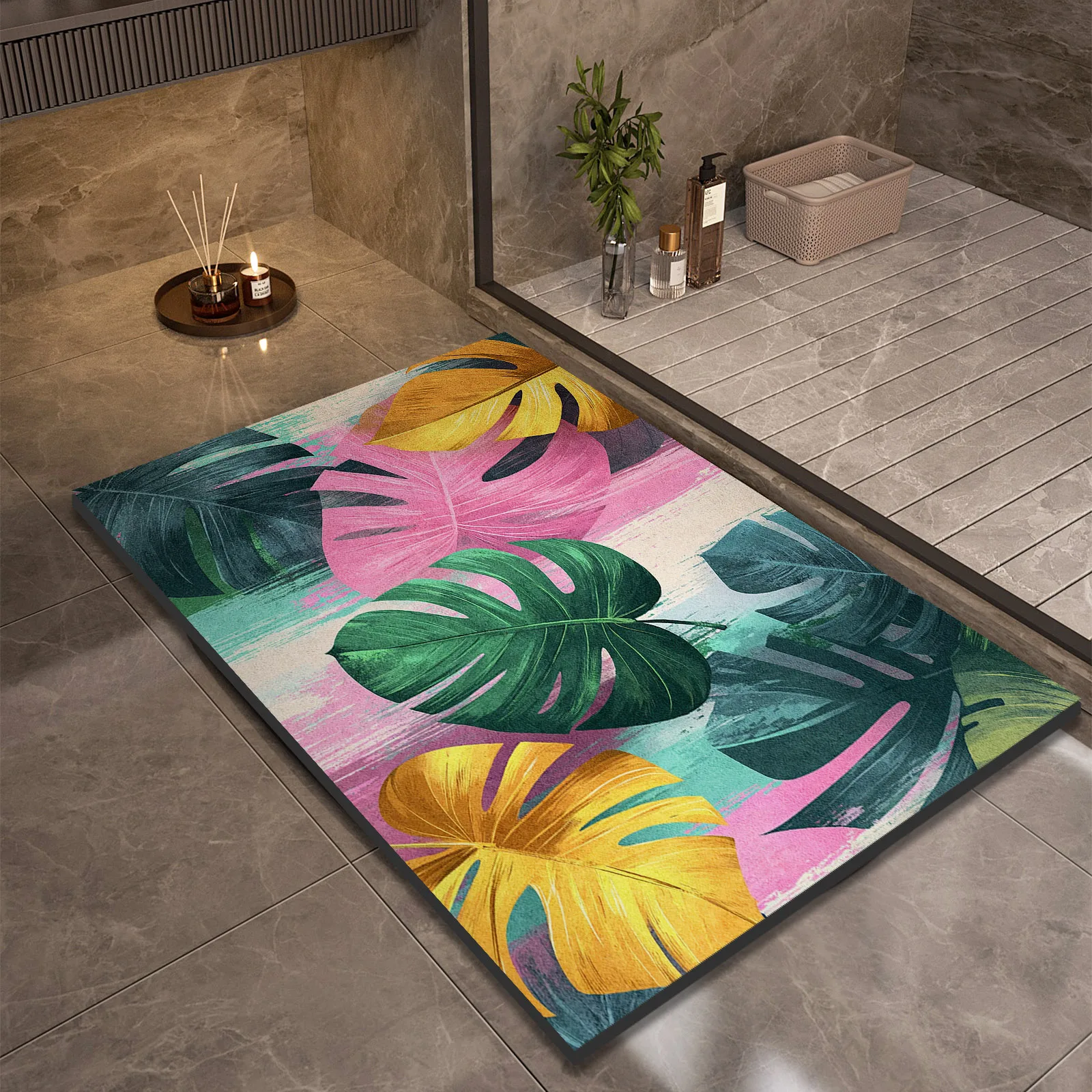 Tropical Leaf Print Bathroom Bath Mat Super Absorbent Shower Carpet Floor Foot Mats Non Slip Quick Dry Toilet Room Rugs Washable