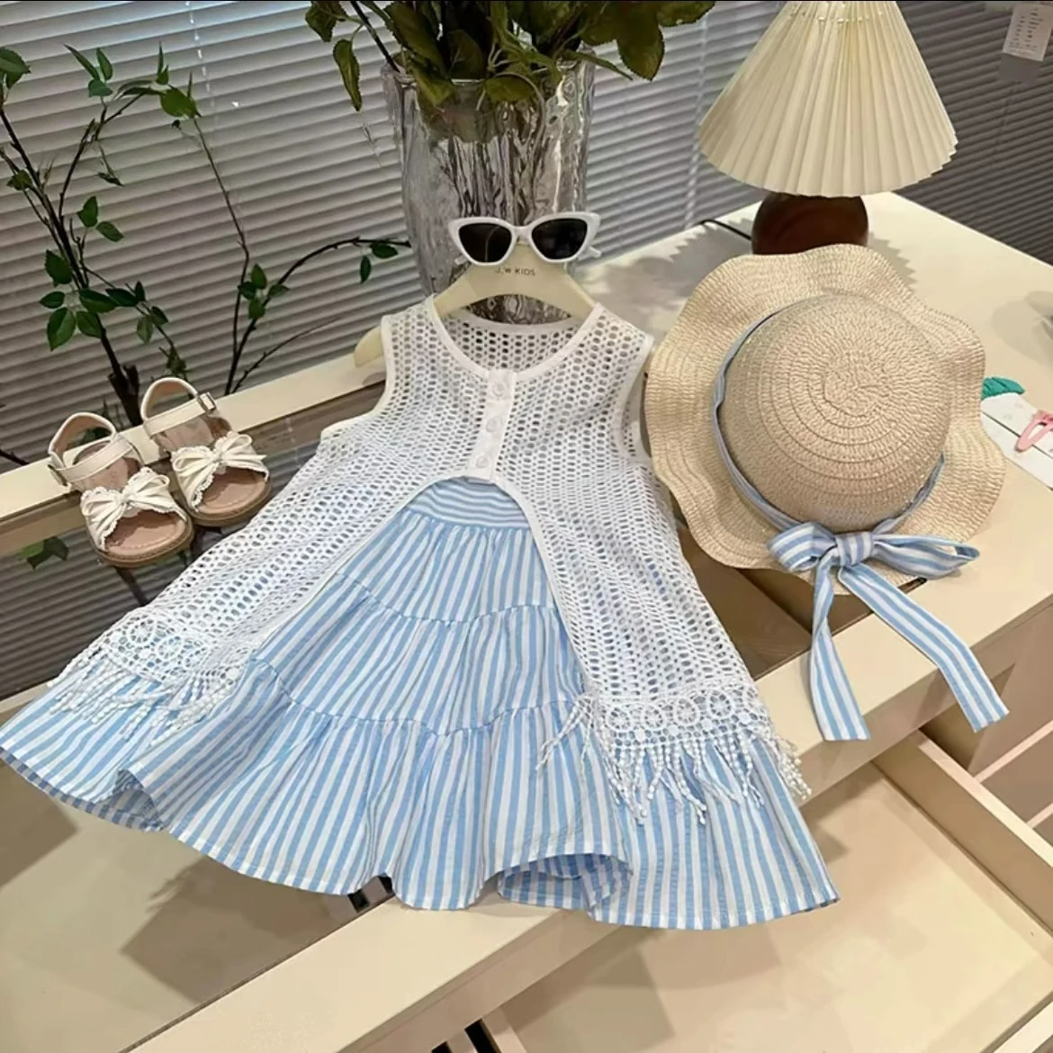 

Girls 2025 Summer Dress Set Bohemian Fairy Cover-Up & Spaghetti Strap Dress 2-Piece Set Light Breathable Chic Trendy