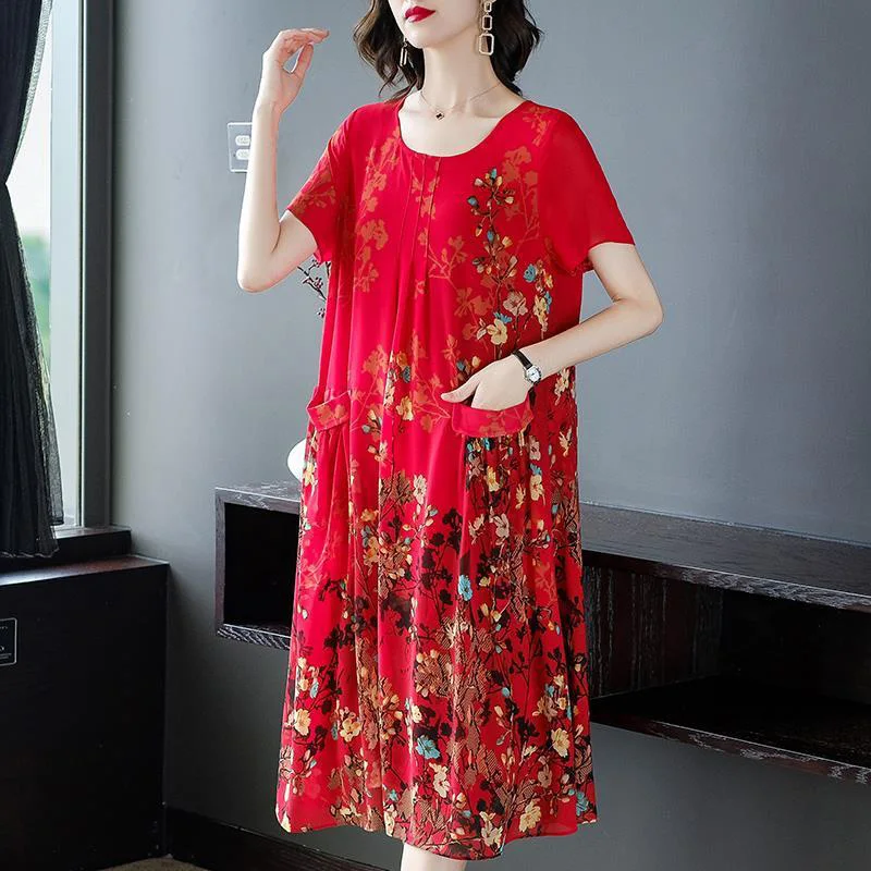 

Elegant O-Neck Printed Spliced Loose Folds Floral Dress Women's Clothing 2024 Summer New Office Lady Midi Dress