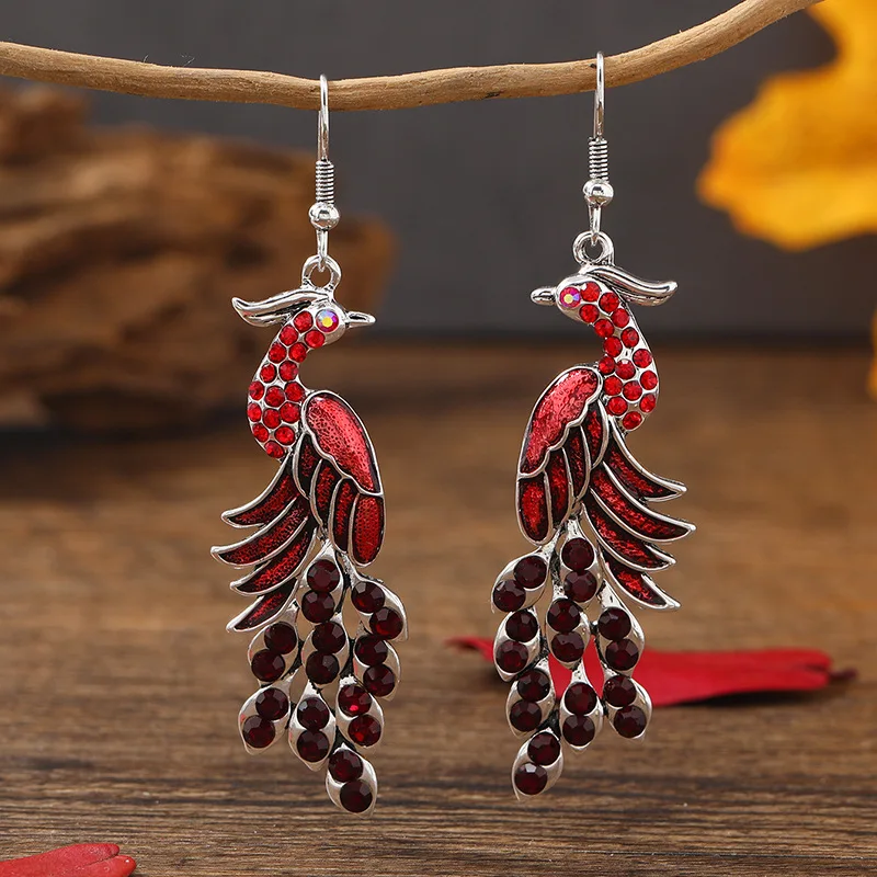 Blue Drop Oil Rhinestone Peacock Earrings for Women Ethnic Vintage Long Silver Color Geometric Animal Earrings Boho Jewelry Gift