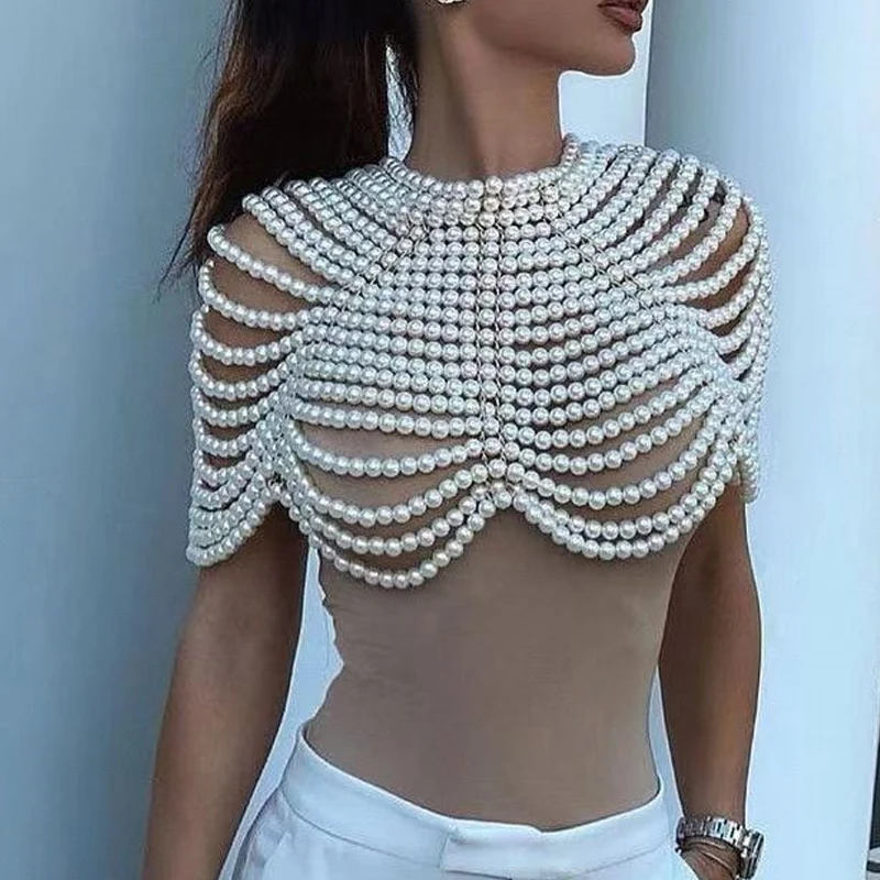 Punk Perle Damen Tank Top Gothic Bluse Übergroße Blase Perlen Handgewebte Schal Zubehör Festival Crop Top Großhandel OEM – Detail 1
