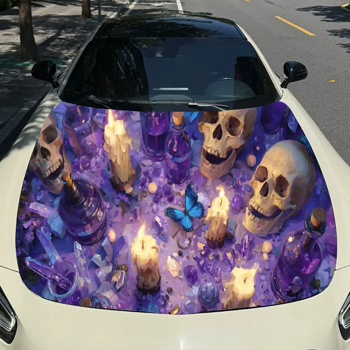 Purple Candle Skull Car Hood Sticker PVC Self Waterproof Stick, Striking Auto Exterior Accessories Decor Protect Gift for Lover