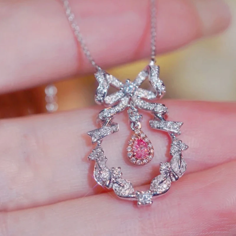 Romantic Style Pendant Water Droplet Light Pink Crystal Snowflake Gemstone Collar Chain Dreamy Engagement Jewelry