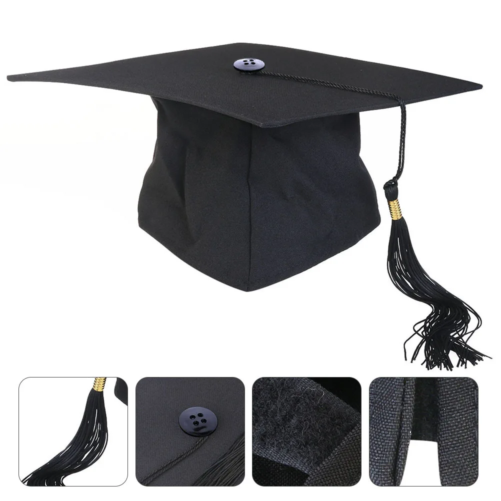 Black Graduation Graduation Hat Adjustable 24x24cm Polyester Mortar Board Tassel for College Disco Costume Adult Cap