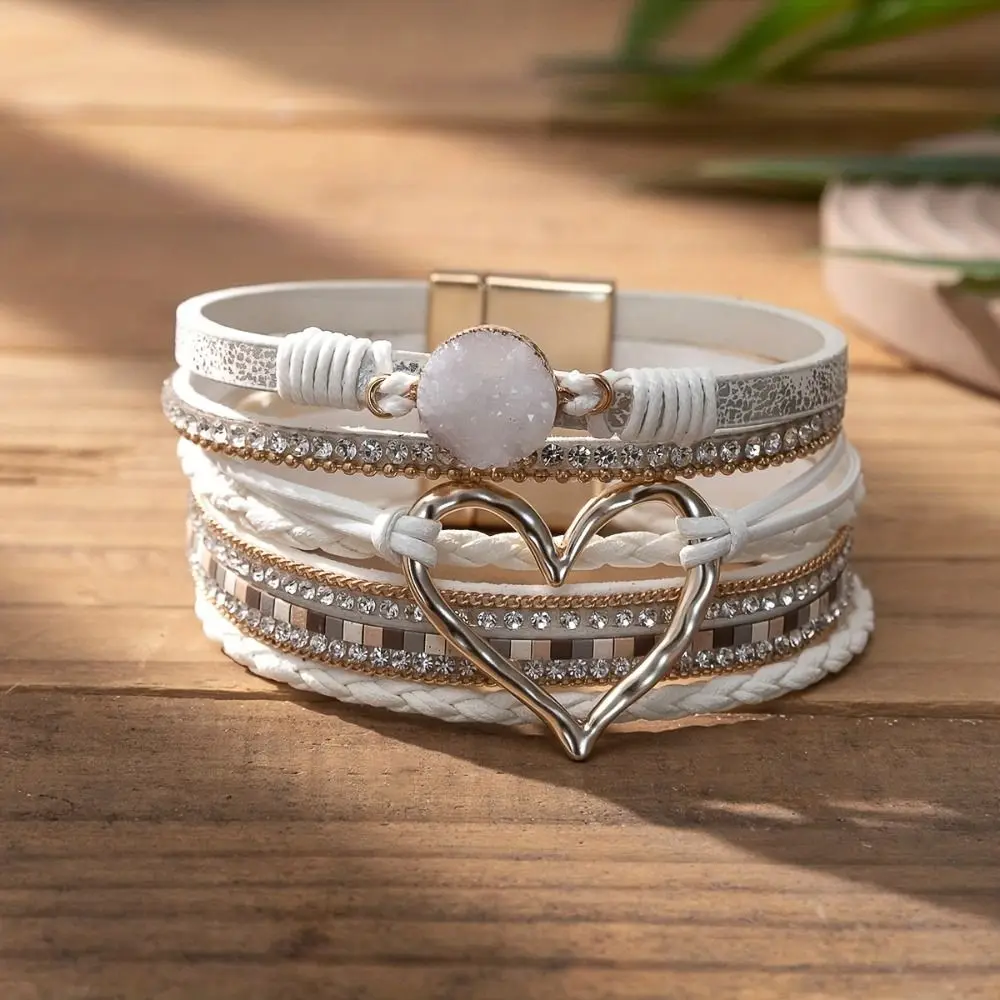 Multi-layer Heart Leather Magnetic Bracelet‌ Boho Magnetic Clasp Leather Bracelet Bangle Braided Handmade Wide Cuff Bracelet