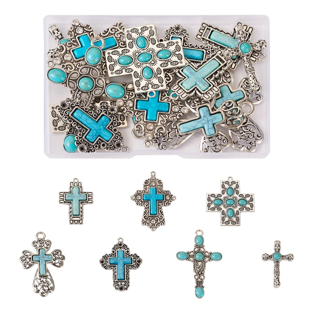 

14Pcs Antique Synthetic Turquoise Religion Cross Big Pendants Charm for Earrings Necklace Keychain Jewelry Making