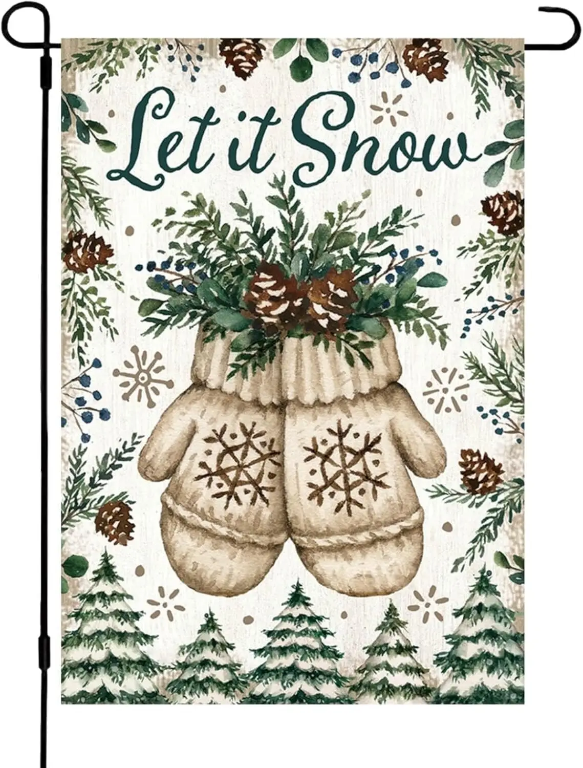 Let It Snow Winter Garden Flag Featuring Gloves and Christmas Tree Design, Xmas Holiday Christmas Garden Flag for Outside, 12x18