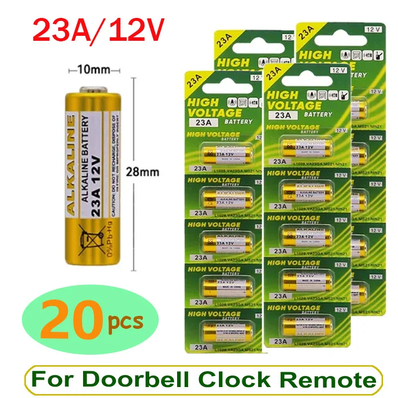 

20PCS 12V Alkaline Battery A23 23A 23GA A23S E23A EL12 MN21 MS21 V23GA L1028 GP23A LRV08 For Remote Control Doorbell Dry Cell