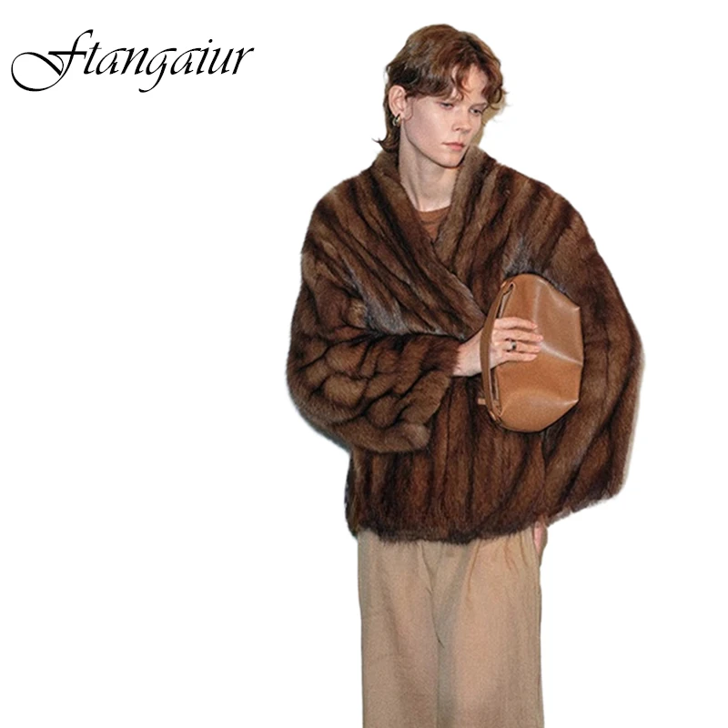Ftangaiur Winter Women Russian Sable Gypsophila Mink Coat V-Neck Custom-Made Women's luxury Medium Real Mink Fur Coats