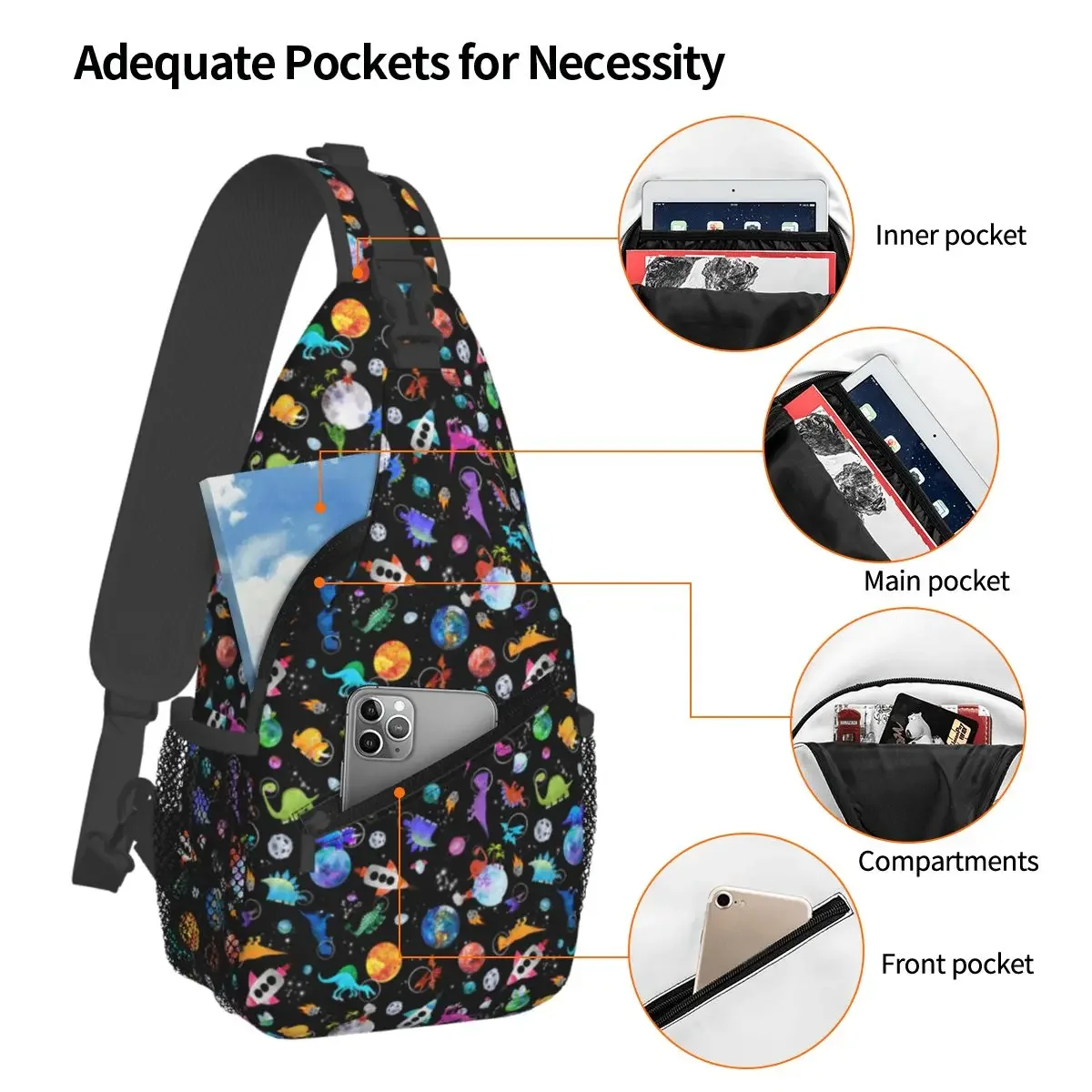 Dinosaur Astronauts In Outer Space Chest Bag Men Sling Crossbody Backpack Chest Bag Travel Hiking Daypack Shoulder Bag