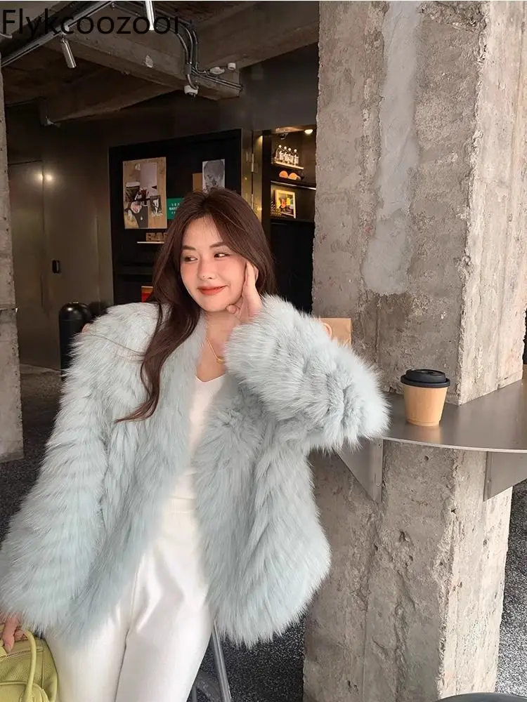 Faux Fox Fur Ribbed Coat New Winter Fashion V-neck Young Woven Imitation Mink Chaquetas Para Mujer Casacos De Inverno Feminino