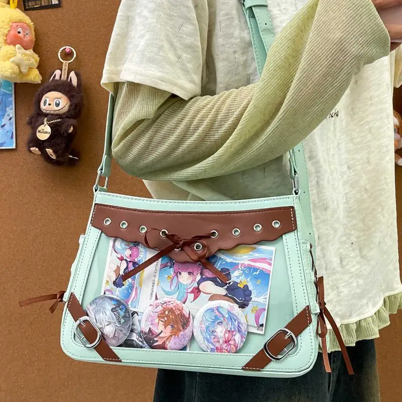 Hot Girl Y2k Anime Badge Ita Bag Women Harajuku Sweet Bow Ribbon Shoulder Bag Ladies Color Block PU Large Capacity Crossbody Bag