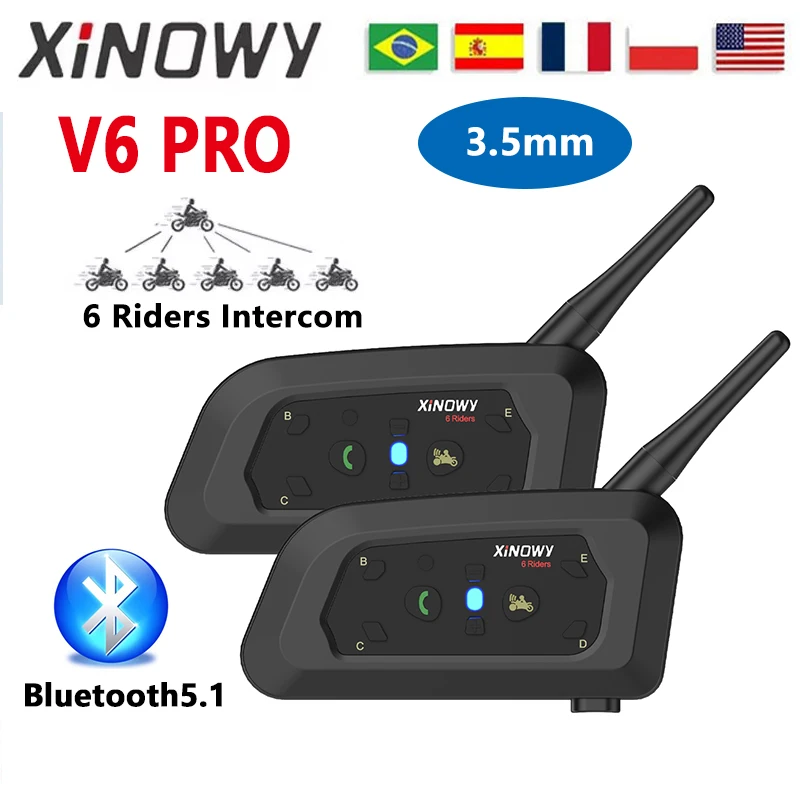 XINOWY V6 PRO 3.5mm Bluetooth Helmet Intercom Headset 800M Interphone Communicator for 6 Riders Music Player Waterproof IP65