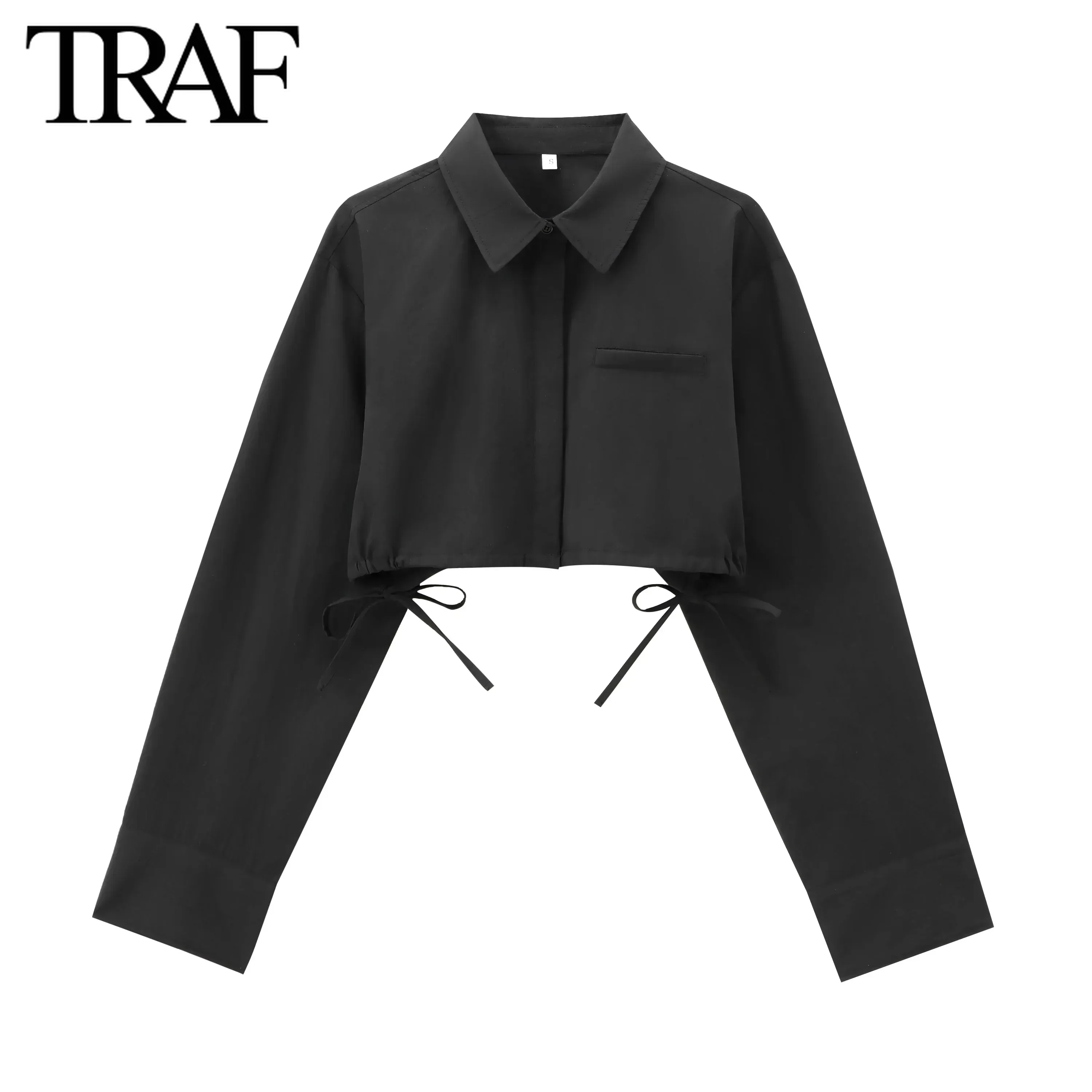 TRAF Women Fashion Autumn New Drawstring Long Sleeve Single-breasted Lapel Short Blouse Street Clothing Shirt Chic Ladies Top