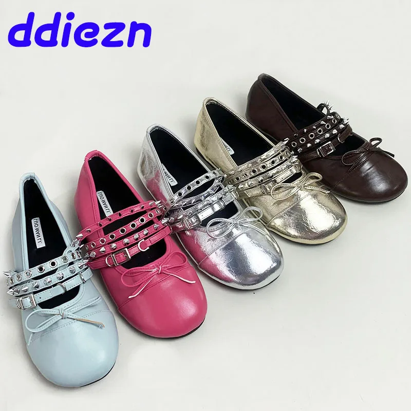 2024 Ladies Ballet Flats Women Lolita Shoes Casual Summer Rivet New Footwear Fashion Mary Jane Butterfly-knot Female Flats Shoes